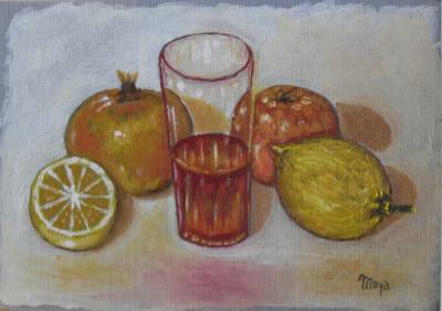 PINTURAS: Vaso de vino y frutas